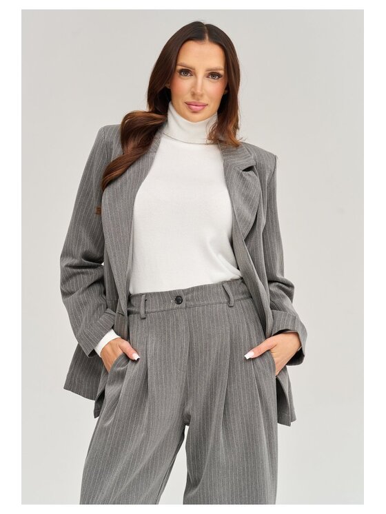 Makadamia Makadamia Komplet żakiet i spodnie materiałowe C102 Szary Loose Fit