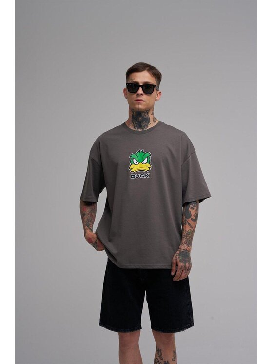 MyStars MyStars T-Shirt Koszulka Z Krótkim Rękawem Oversize Męska Ciemna Szara Machinist Duck Kaczka M Szary Oversize