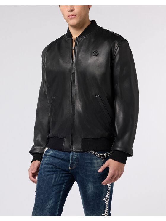 PHILIPP PLEIN PHILIPP PLEIN Kožená bunda 29743 Čierna Regular Fit