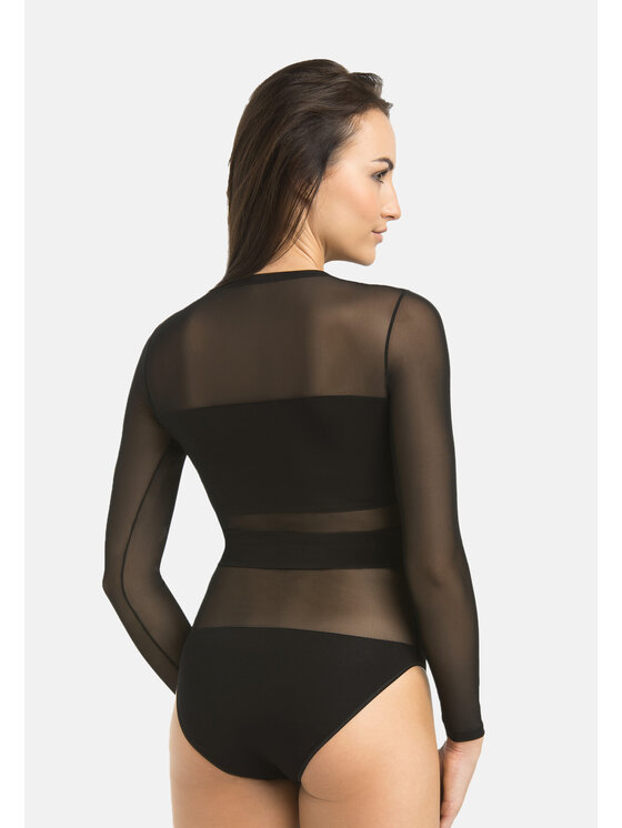 Teyli Teyli Body z wiskozy z siateczką Stripy Czarny Regular Fit
