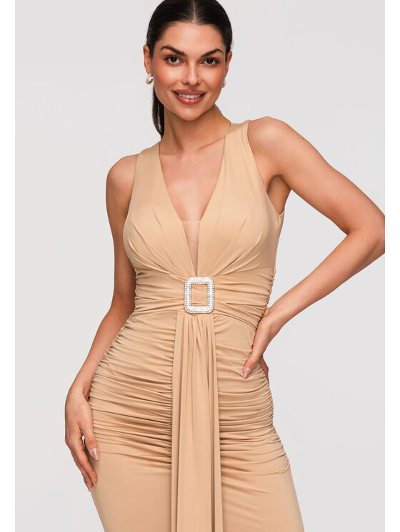 Ombre Ombre Sukienka wieczorowa LA-OM-DLR347 Beżowy Slim Fit