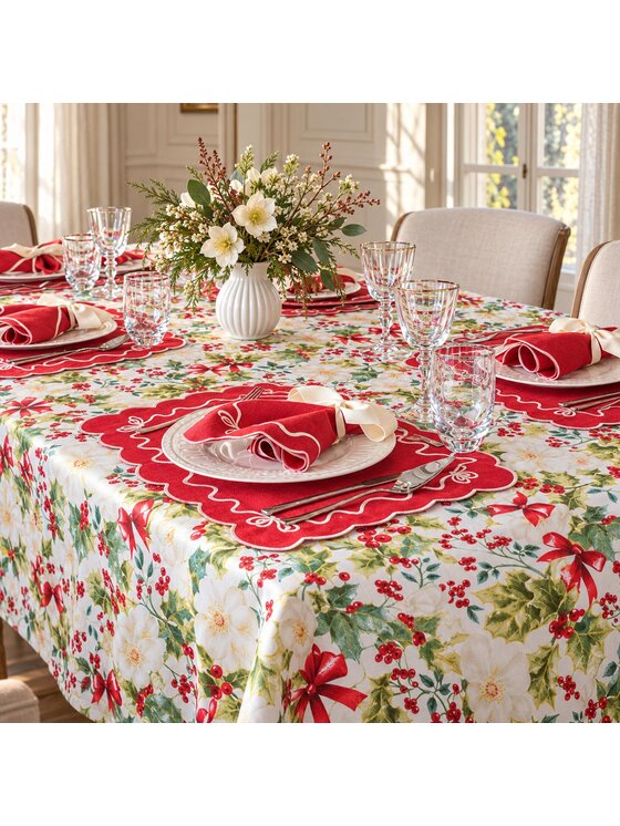 Roseberry Home Roseberry Home Obrus świąteczny z motywem ostrokrzewu i kokard Very Holly Christmas Czerwony