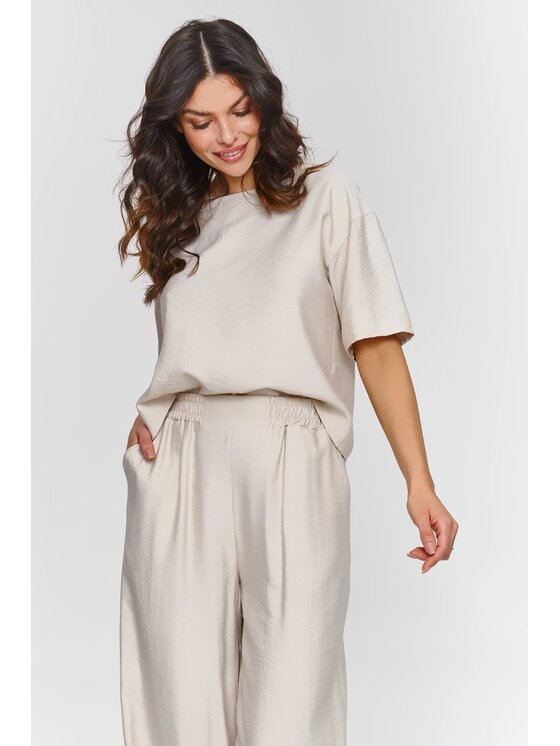 Makadamia Makadamia Komplet bluzka i spodnie M945 Beżowy Loose Fit