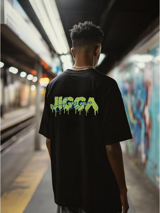 Jigga Wear Jigga Wear T-Shirt Koszulka Z Krótkim Rękawem Oversize Męska Czarna / Zielona Jigga Wear Back Melt 2XL Czarny Oversize