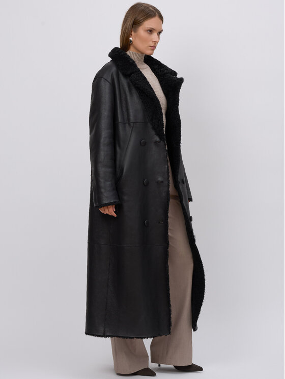 FAN LEATHER FAN LEATHER Kożuch naturalny Dwustronny z Oddzielnym Pasem Czarny Loose Fit