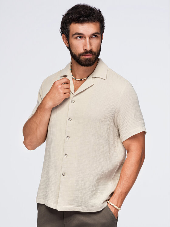 Ombre Ombre Koszula OM-SHSS-0223 Beżowy Regular Fit