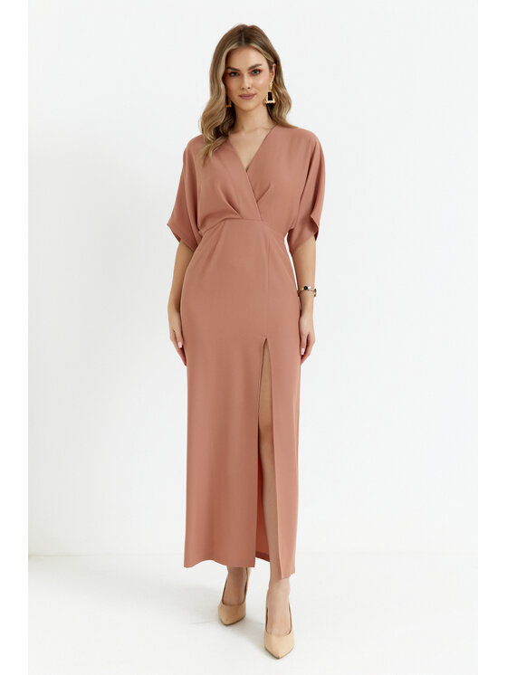 Makover Makover Sukienka codzienna K163 Beżowy Modern Fit