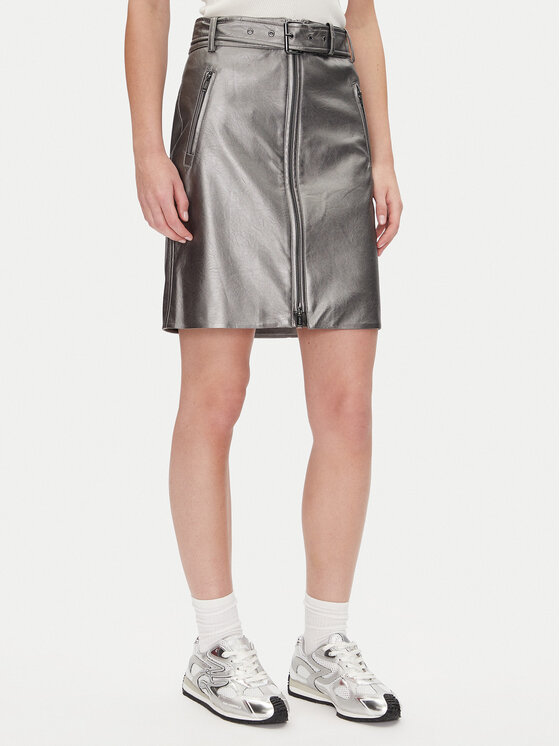 DKNY DKNY Fustă din imitație de piele P4JN6XIM Argintiu Regular Fit