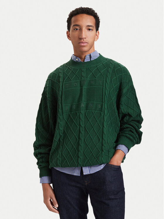 Tommy Jeans Пуловер Flag DM0DM23614 Тъмнозелен Relaxed Fit