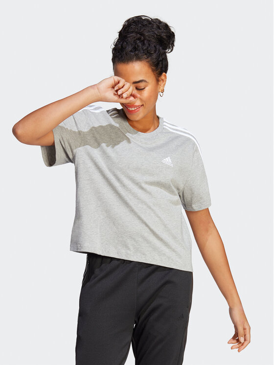 adidas adidas T-krekls Essentials 3-Stripes Single Jersey Crop Top HR4916 Pelēks Loose Fit