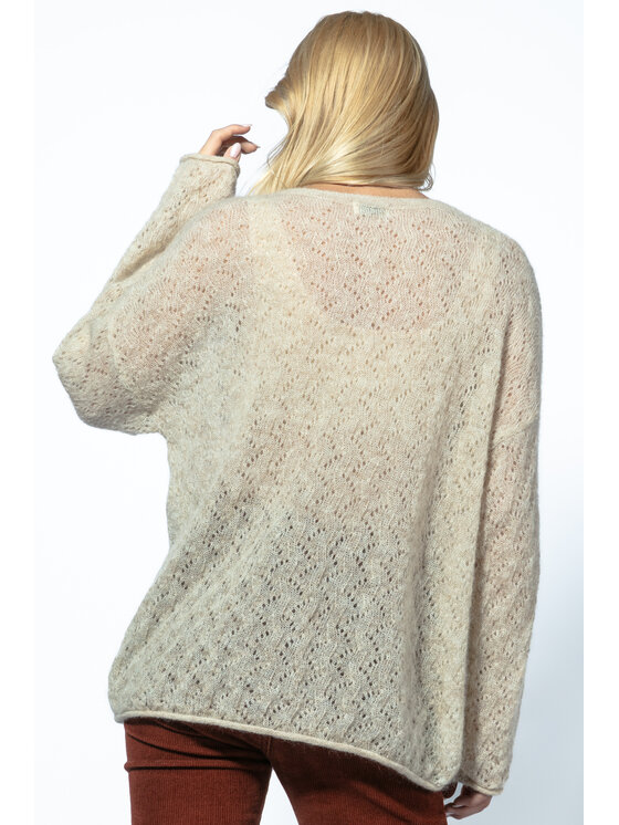 Fobya Fobya Sweter Sweter z wełny Baby Alpaka ażurowy F1731 Beżowy Basic Fit