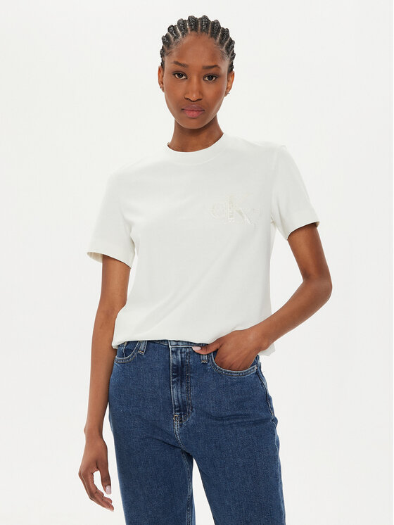 Calvin Klein Jeans Tricou Satin Applique J20J223925 Écru Regular Fit