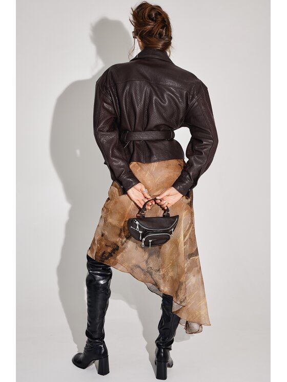 Mimika Mimika Kurtka skórzana Boss Jacket z brązowej, teksturowanej skóry Brązowy Oversize