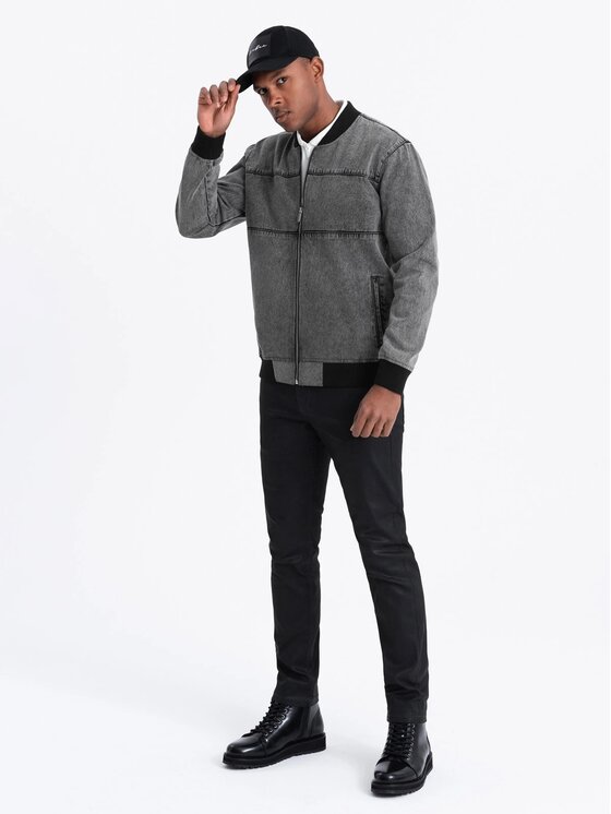 Ombre Ombre Kurtka jeansowa OM-JADJ-0163 Szary Regular Fit