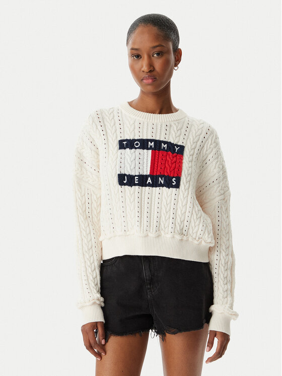 Tommy Jeans Pulover Intarsia Flag Badge DW0DW22317 Crem Regular Fit