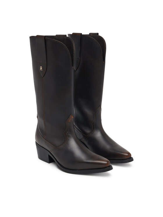 Tommy Hilfiger Tommy Hilfiger Ботуши Leather Mid Calf Western Boot FW0FW09798 Тъмнокафяв