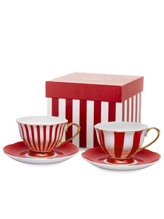 MIAhome MIAhome Komplet filiżanek porcelanowych ze spodkami w pudełku 220 ml BETTY czerwone paski szerokie i wąskie Czerwony