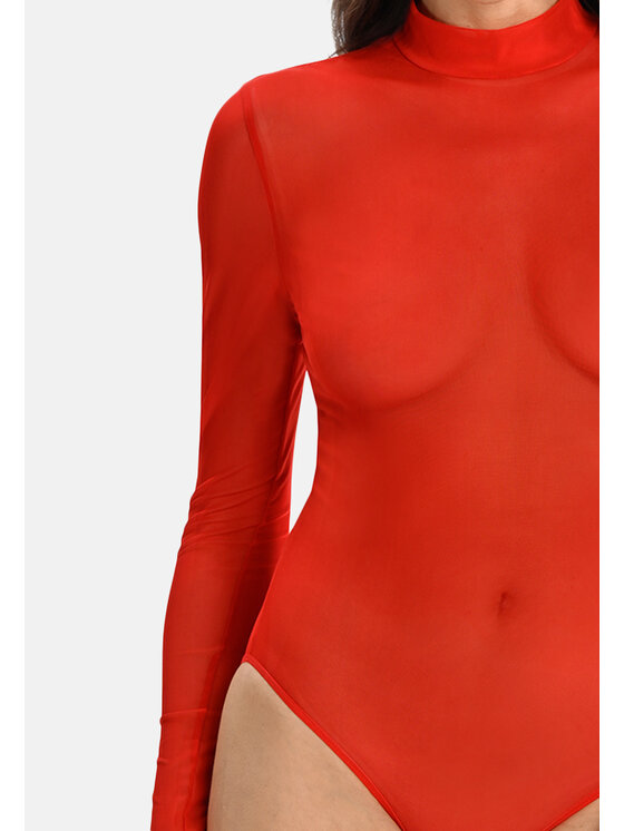 Teyli Teyli Body z transparentnej siateczki z półgolfem Amy Czerwony Regular Fit