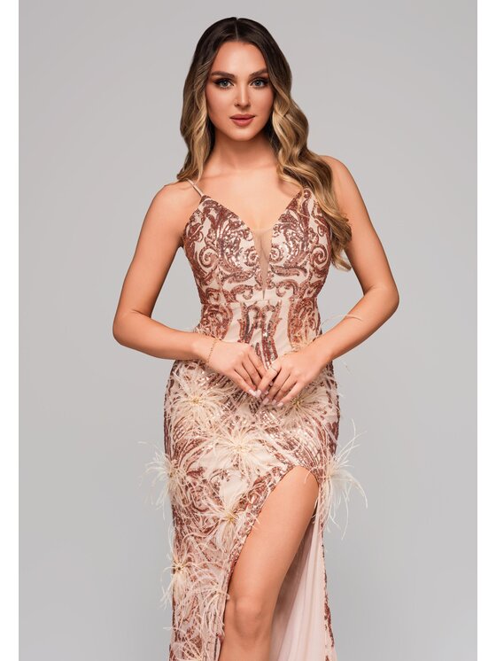 Ombre Ombre Sukienka wieczorowa LA-OM-DLR106 Beżowy Regular Fit