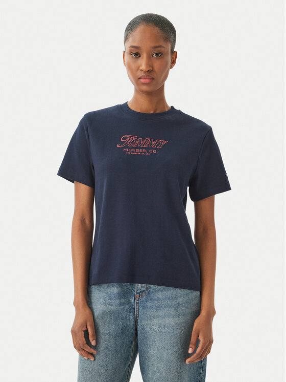 Tommy Hilfiger Tricou Logo Interlock WW0WW48707 Bleumarin Regular Fit
