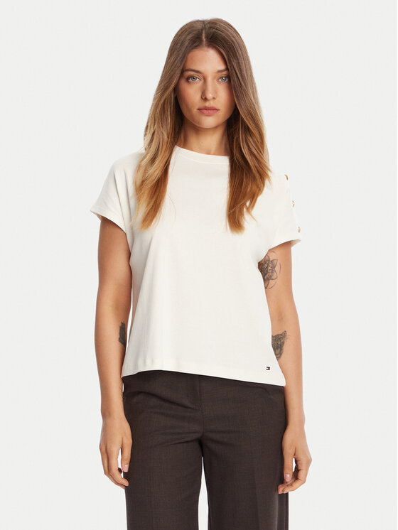Tommy Hilfiger Tommy Hilfiger Футболка Gold Button WW0WW47455 Écru Regular Fit
