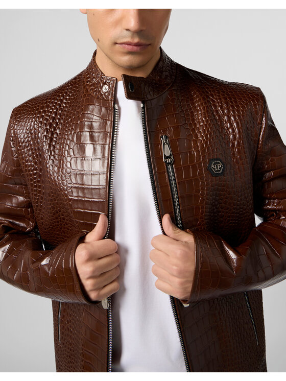 PHILIPP PLEIN PHILIPP PLEIN Kurtka skórzana 29937 Brązowy Slim Fit