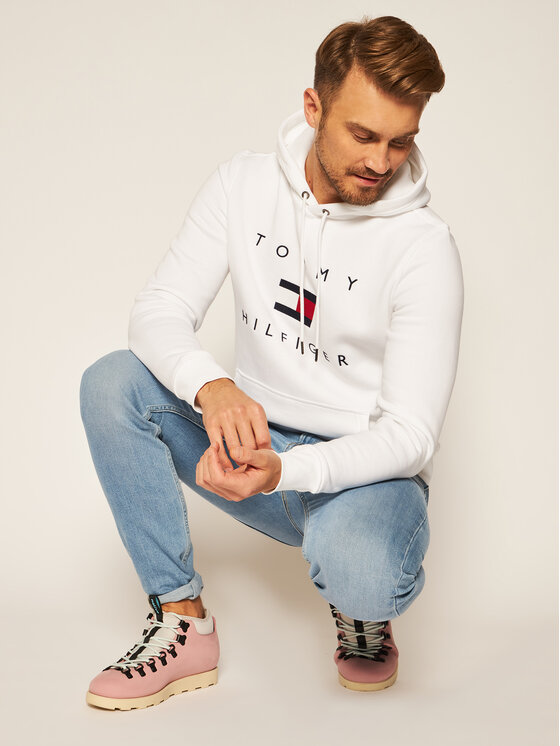 Tommy Hilfiger Felpa Flag Hoody MW0MW14203 Bianco Regular Fit Modivo