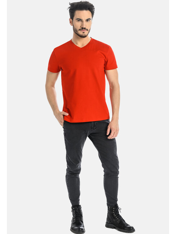 Teyli Teyli T-Shirt męski bawełniany Dany Czerwony Classic Fit