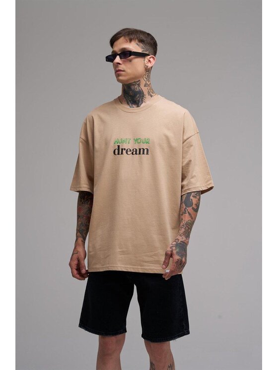 MyStars MyStars T-Shirt Koszulka Z Krótkim Rękawem Oversize Męska Beżowa Machinist Hunt Your Dream M Beżowy Oversize