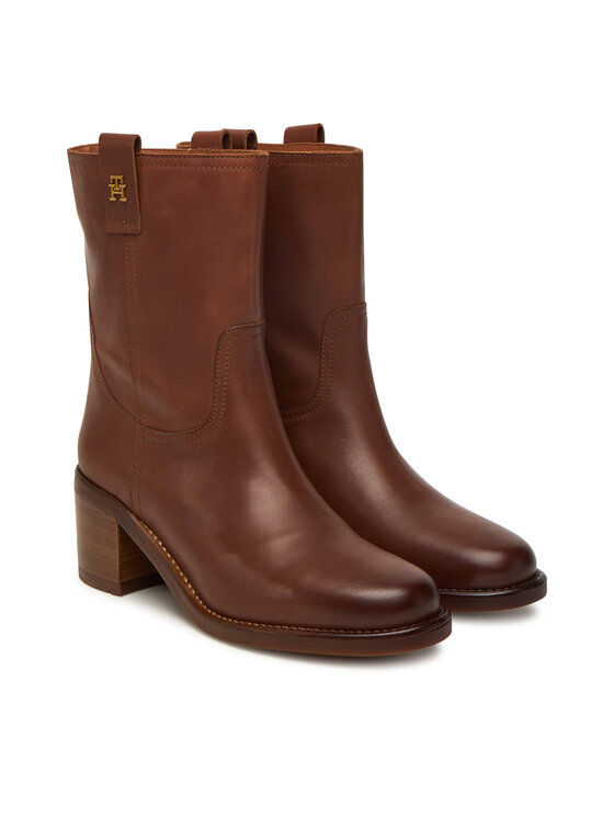 Tommy Hilfiger Tommy Hilfiger Polokozačky Riding Lthr Mid Boot Block Heel FW0FW08776 Hnědá