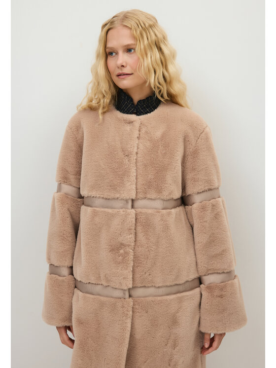 BIZUU BIZUU Kožešina SORRENTO FAUX FUR LAPEL COAT Hnědá Standard Fit