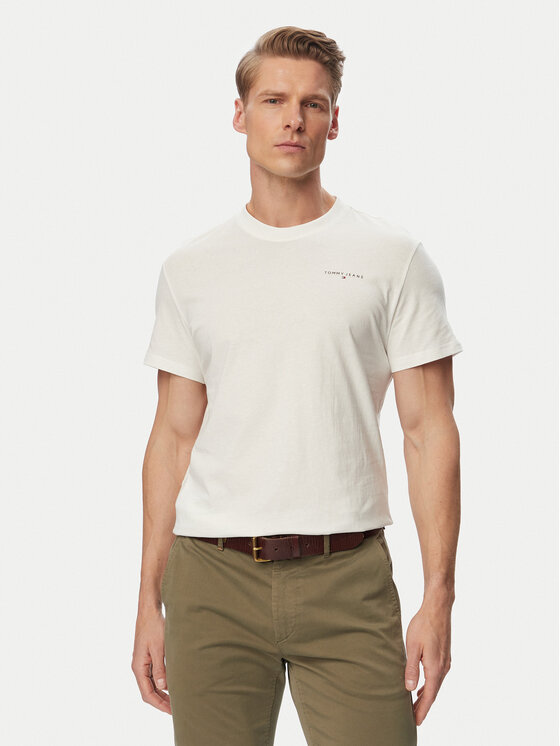 Tommy Jeans Tricou Linear Chest DM0DM21780 Écru Slim Fit