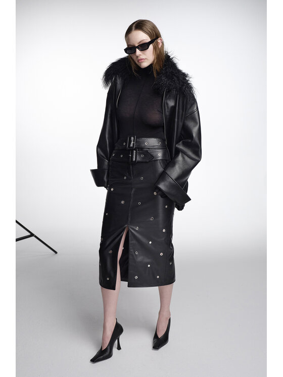 Epuzer Epuzer Spódnica skórzana Embroidered leather Czarny Standard Fit