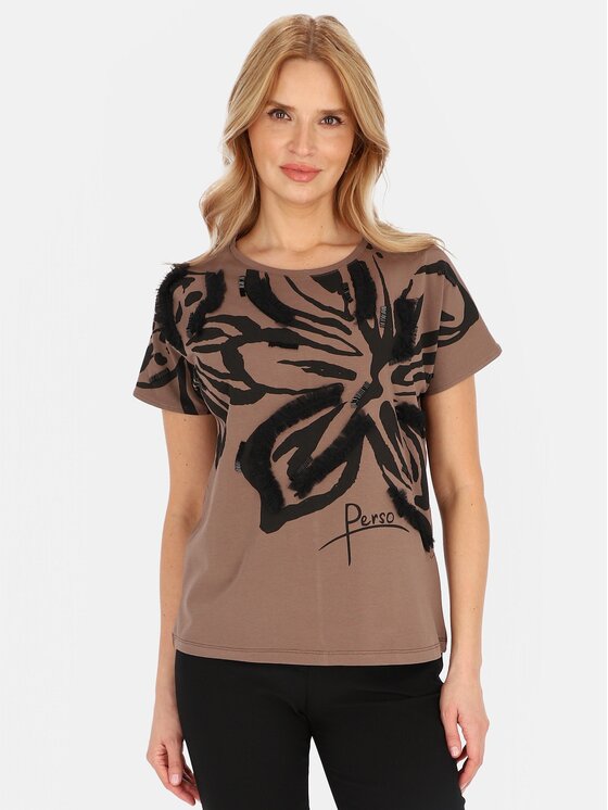Perso Perso T-Shirt TCE247000F Hnědá Regular Fit