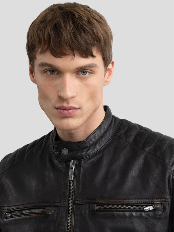 BIG STAR BIG STAR Kurtka skórzana HIDEO_906_130 Czarny Basic Fit