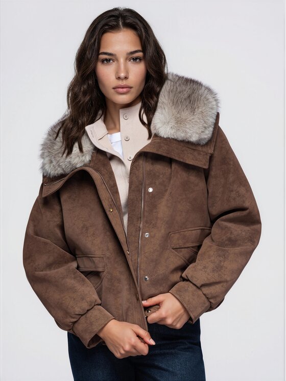 Ombre Ombre Kurtka bomber OW-JT-E0008 Brązowy ciemny Relaxed Fit