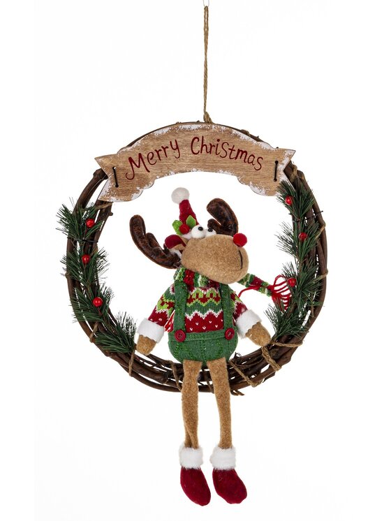 MIAhome MIAhome Figurka dekoracja renifer w kole w zielonym ubranku 47x33x10 cm Kolorowy