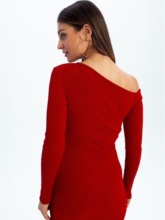 Nudyess Nudyess Sukienka dzianinowa Glam Mimi z prążka Czerwony Fitted Fit