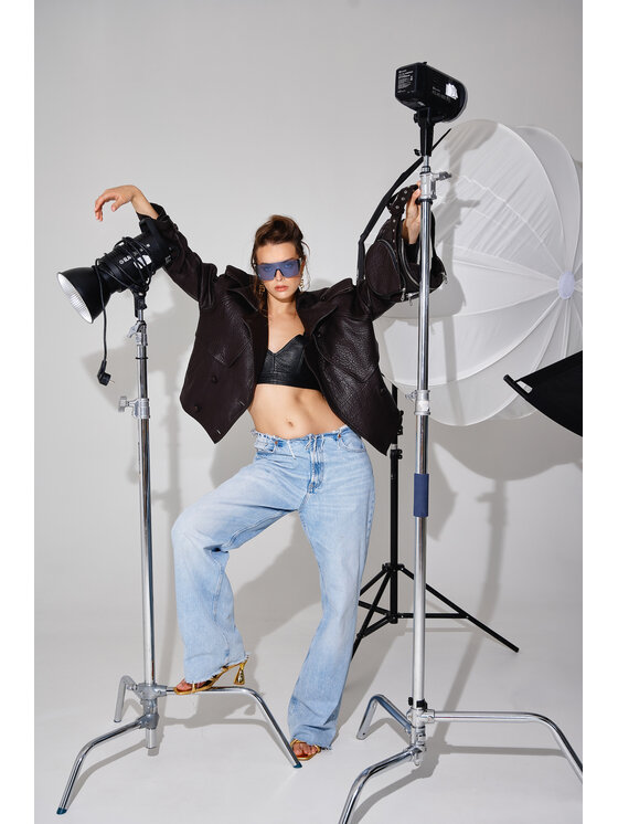 Mimika Mimika Kurtka skórzana lenny 2.0 krótki trench z brązowej, teksurowanej skóry Brązowy Oversize