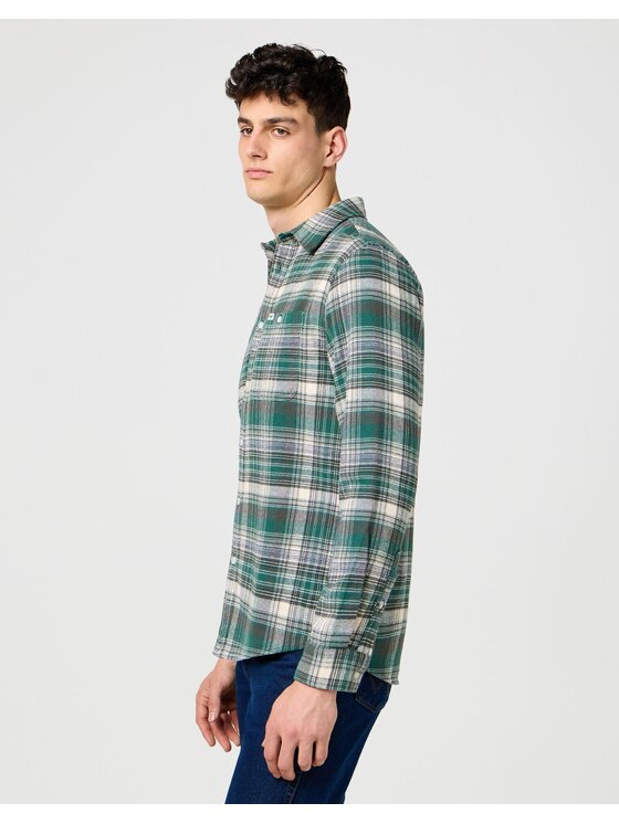 Wrangler Wrangler Koszula Brushed 1 Pkt Shirt Zielony Regular Fit