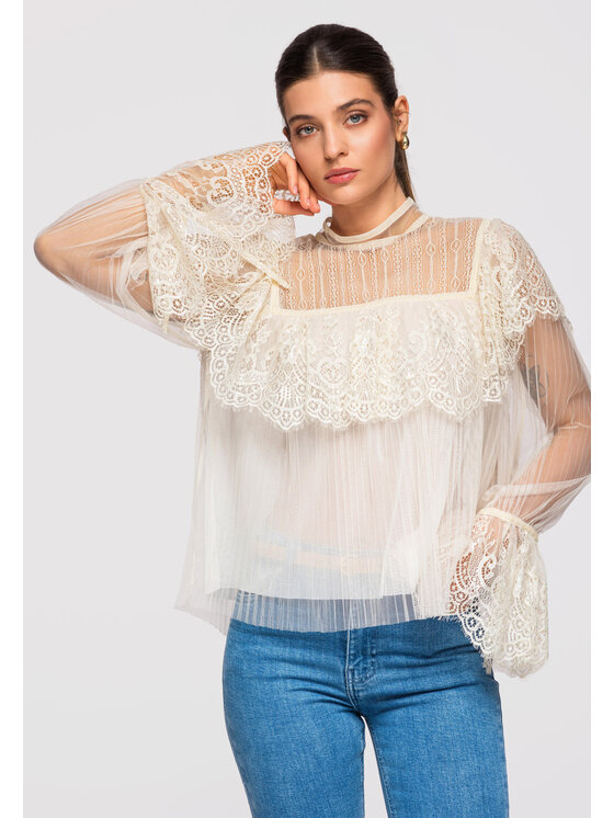 Ombre Ombre Bluzka OW-TS-E0009 Écru Loose Fit