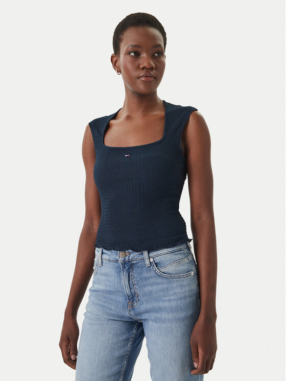 Tommy Jeans Top Smock Seersucker DW0DW22220 Bleumarin Slim Fit