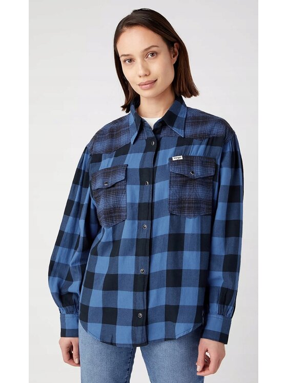 Wrangler Wrangler Koszula Baloon Sleeve Shirt Niebieski Basic Fit