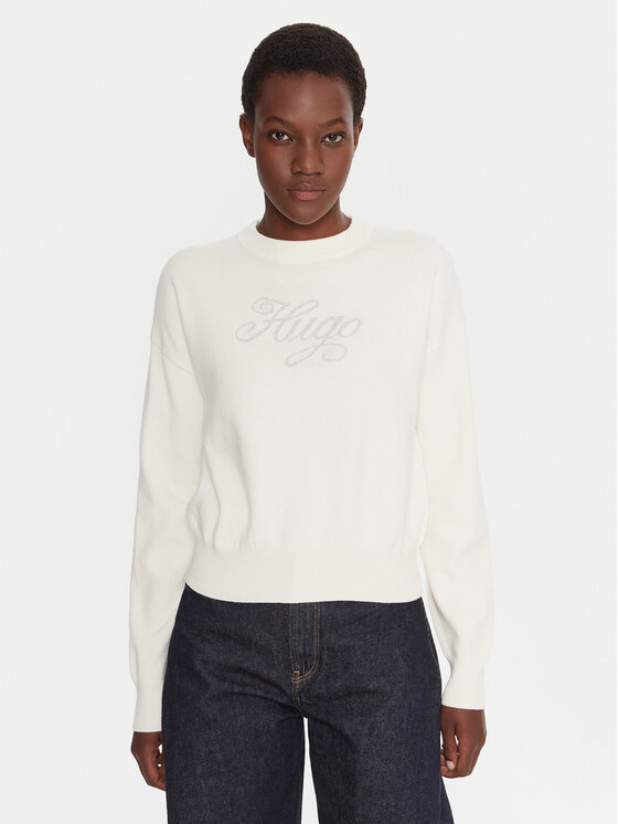 HUGO Pulover Slogix_B 50548145 Alb Relaxed Fit