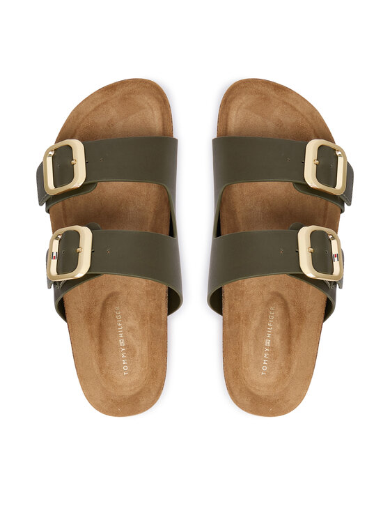 Tommy Hilfiger Tommy Hilfiger Klapki Leather Double Strap Cork Sandals FW0FW09118 Zielony