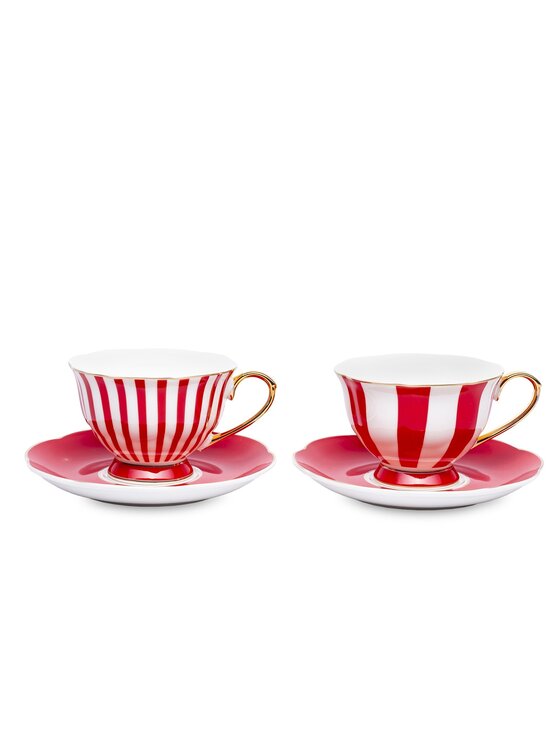 MIAhome MIAhome Komplet filiżanek porcelanowych ze spodkami w pudełku 220 ml BETTY czerwone paski szerokie i wąskie Czerwony