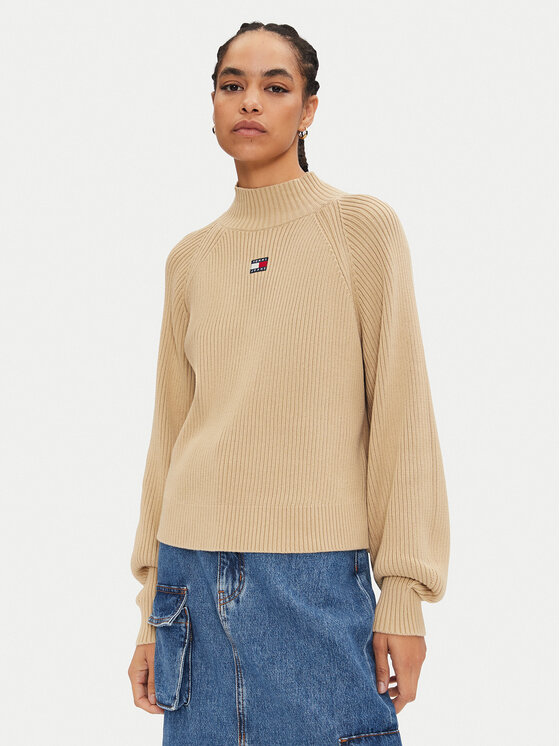 Tommy Jeans Pull Ã  col roulÃ© Badge DW0DW19912 Beige Relaxed Fit