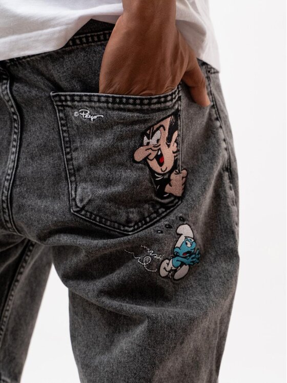 Smerfy Smerfy Szorty jeansowe Krótkie Spodenki Acid Sprane Gargamel Pocket XXL Szary Baggy Fit