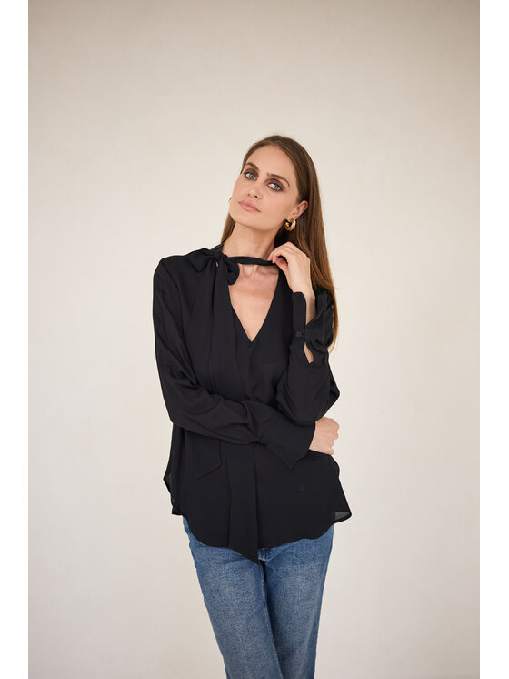 Entelier Entelier Bluzka z wiązaniem Czarny Relaxed Fit