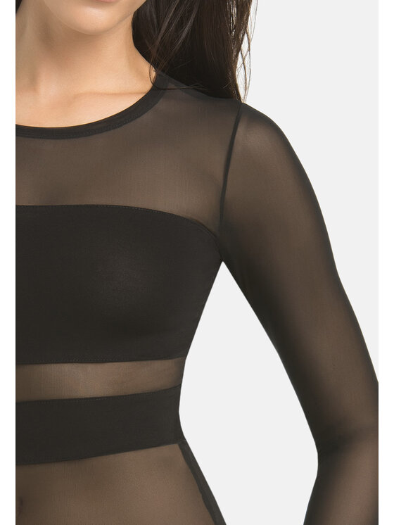 Teyli Teyli Body z wiskozy z siateczką Stripy Czarny Regular Fit
